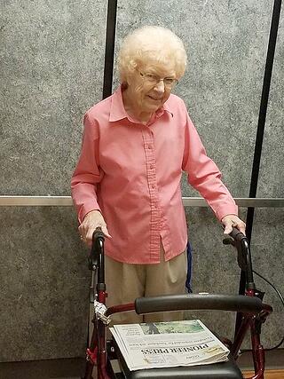 Wellhaven resident Bess Knott during the first ride in the newly completed elevator.